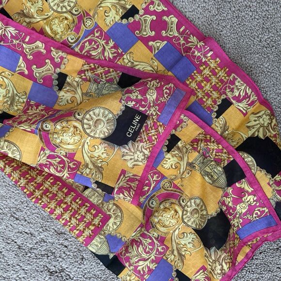 New Celine Women’s Pink Gold Multicolor Triumph Cotton Scarf Handkerchief - Picture 2 of 3
